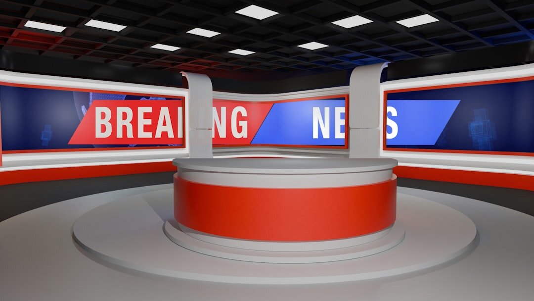 News anchor desk with broadcast lighting
